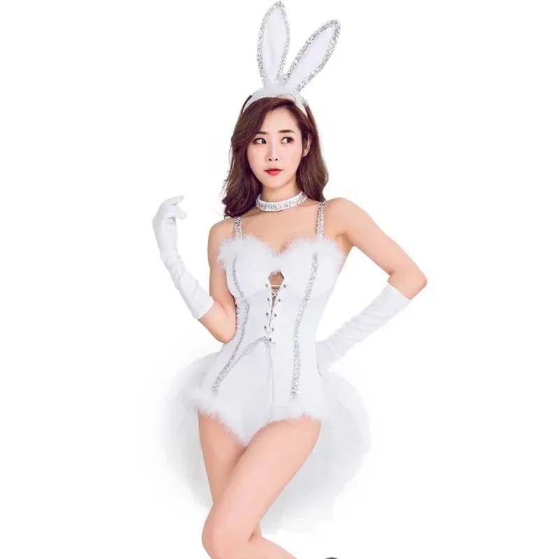 Costume da coniglietto bianco sexy Lingerie Playmate Pagliaccetto Cosplay Costume di Halloween per le donne VE9323b;4.f'7;j,3'