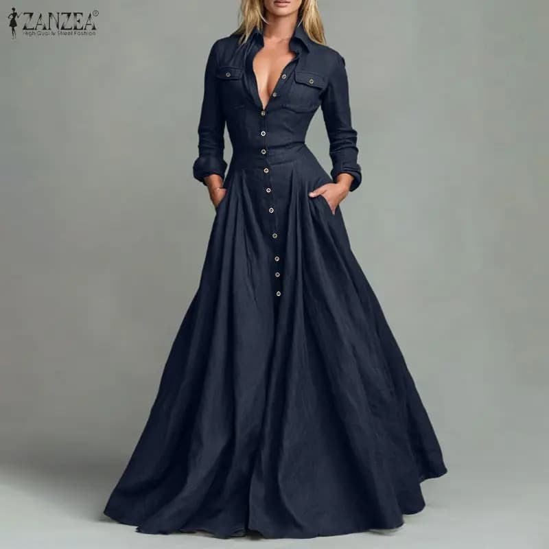 ZANZEA Women Elegant Long Dresses Long Sleeve Casual Sundress Autumn Lapel Single Breasted Loose Party Vestidos Solid Work Robe