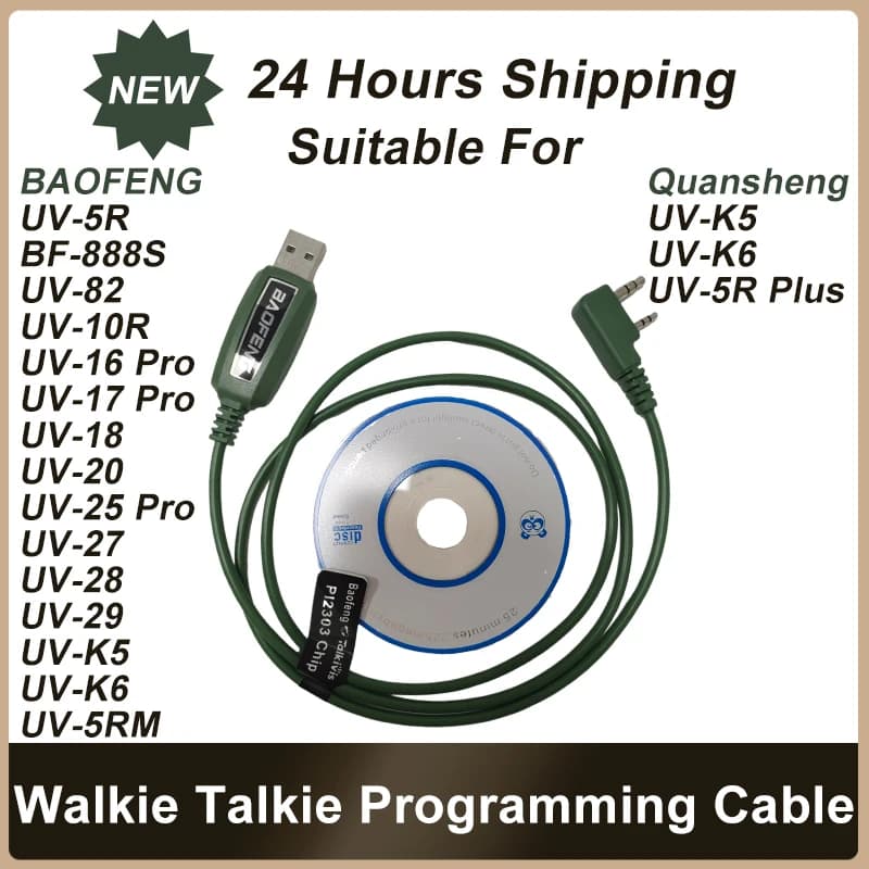 BAOFENG Quansheng UVK5 Walkie Talkie 2 pin USB programming cable plug with CD for UV-5R series UV16 UV17 PRO K5 PLUS S9