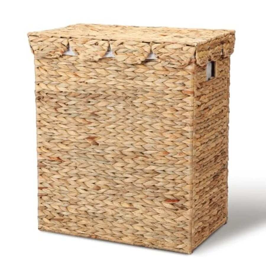 Grande cesto portabiancheria rettangolare con coperchio e sacchetto interno rimovibile, realizzato in giacinto d'acqua naturale intrecciato, ideale per organizzare.