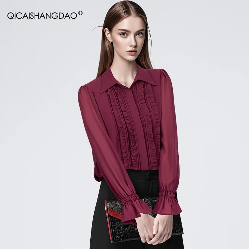 Chiffon Red Cherry Blouse with fashionable volant women 2024 spring summer top long sleeve collar with twisted Vintage Casual loose shirts