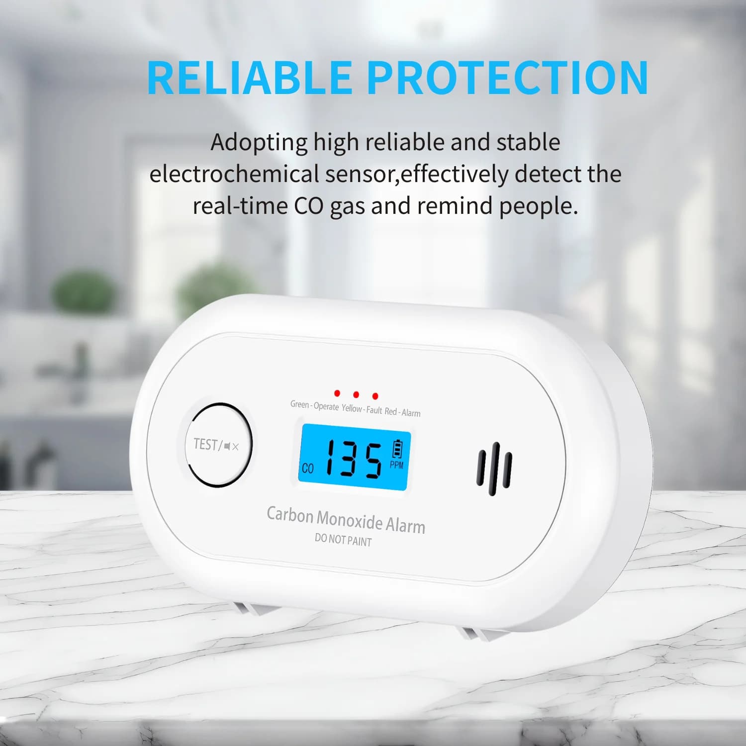 Carbon Monoxide Detector Alarm, Portable long-life Li-Battery 3VDC CO Alarm with Digital LCD Display, for Home, VC22R