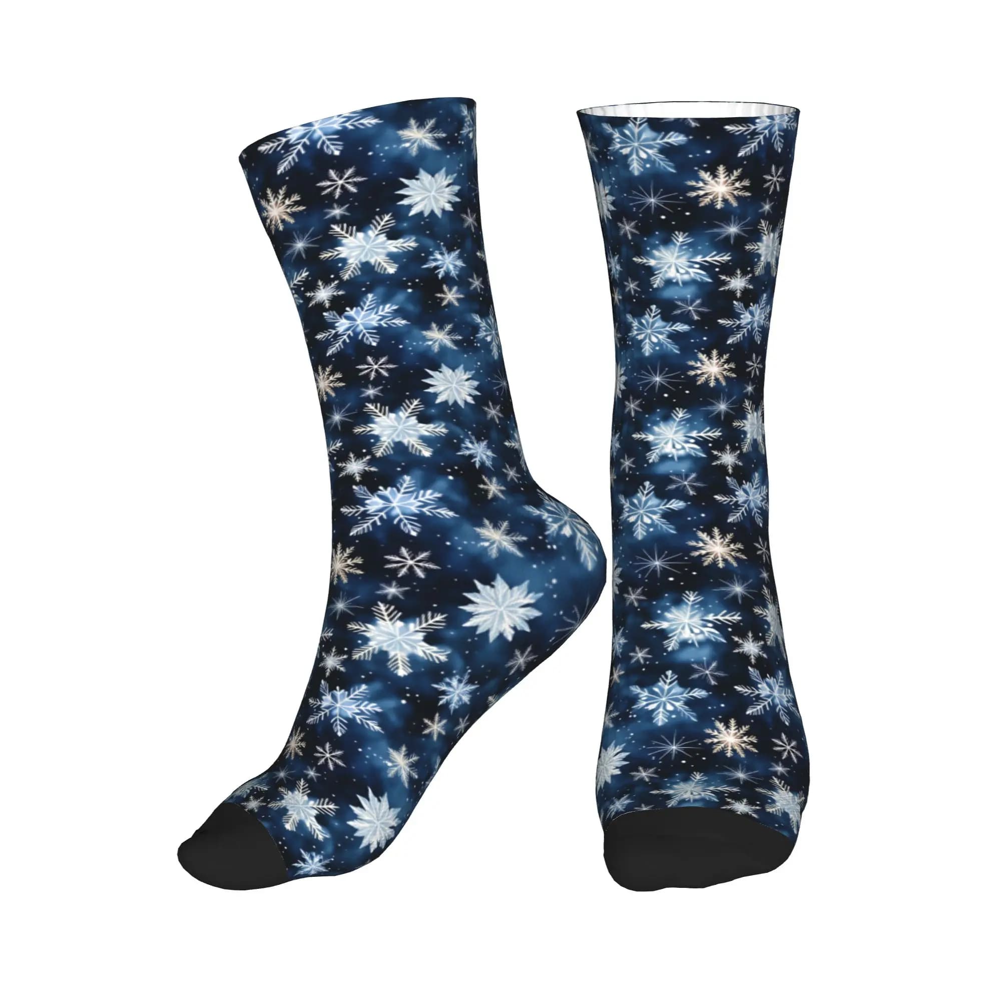 Calzini da uomo con motivo a fiocchi di neve blu navy, calzini eleganti unisex con stampa 3D divertente