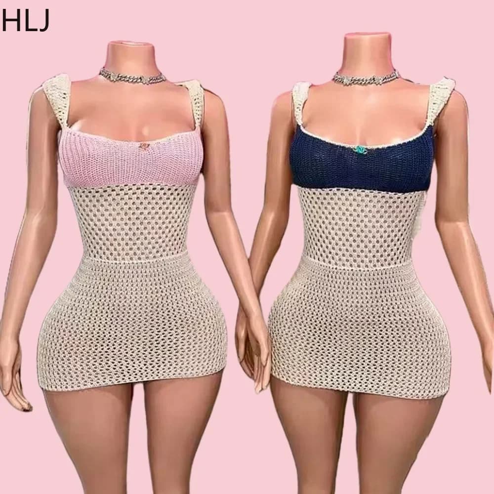 HLJ&GG Sexy Maglia Hollow Aderente Mini Cinghia di Spaghetti Abiti da Donna Sottile Backless Fasciatura Sottile Abiti Moda Streetwear