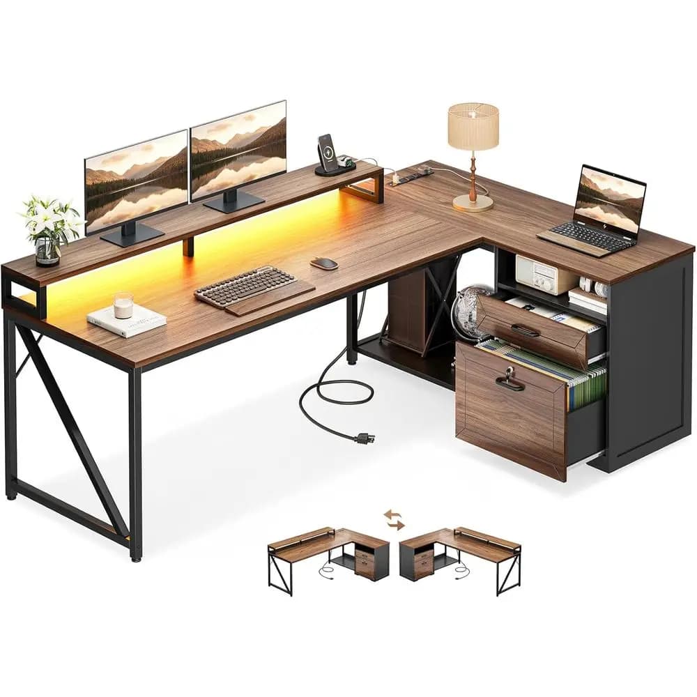 Scrivania a L in noce 61 con schedario con serratura, presa di corrente, scrivania per computer con illuminazione a LED, spazio di archiviazione e supporto per monitor
