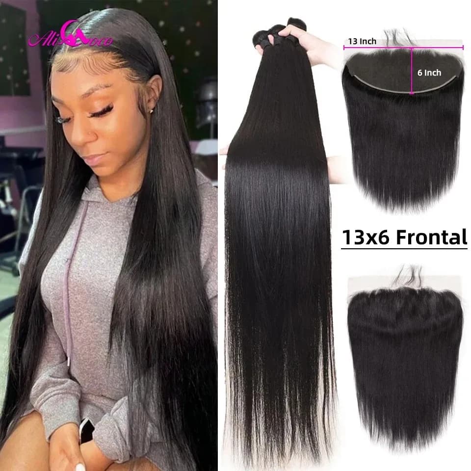 Ali Coco 28 30 38 fasci di tessuto per capelli brasiliani dritti da 40 pollici con fasci di capelli umani frontali con estensione frontale dei capelli Remy
