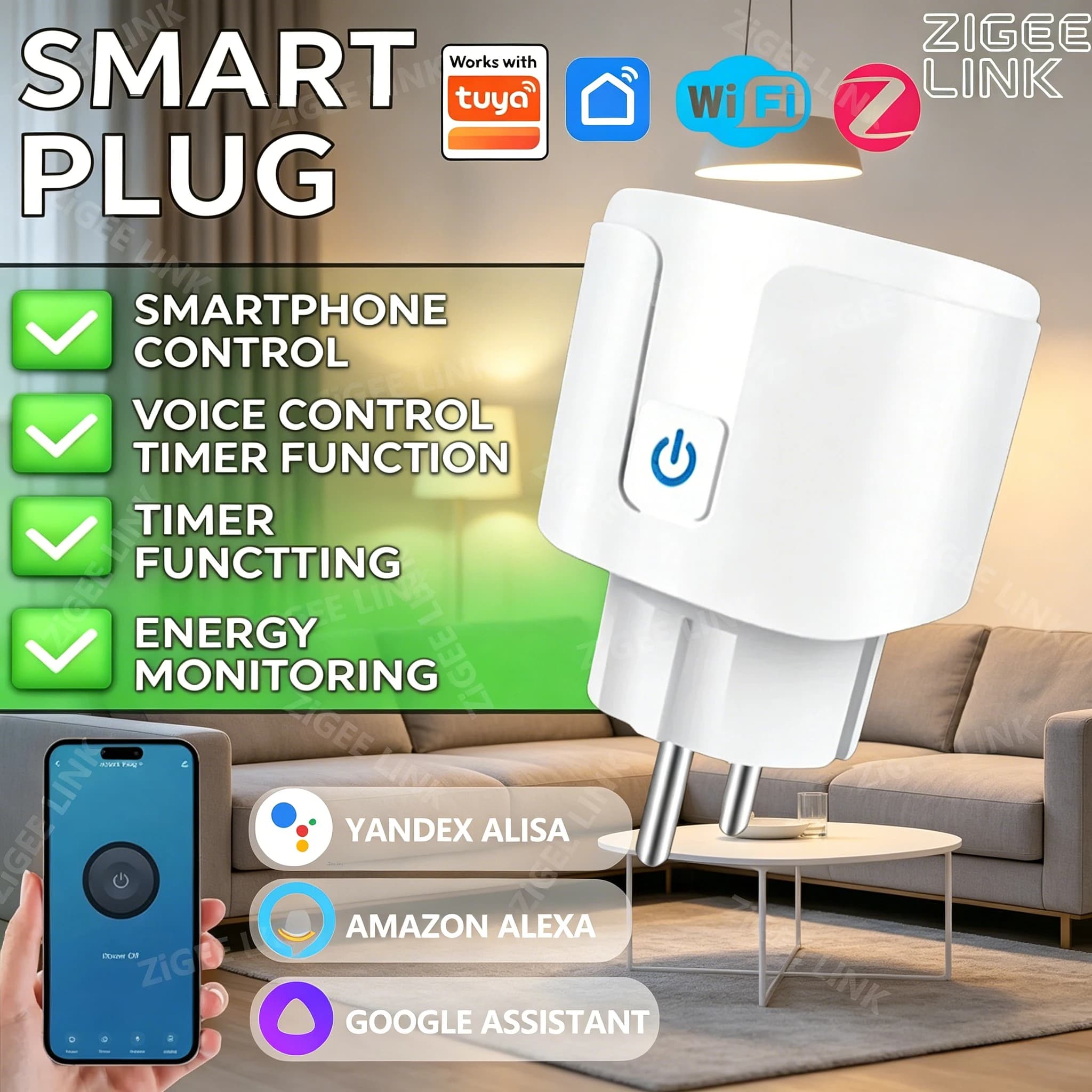 Presa intelligente WiFi o ZigBee 3.0 con spina EU 16A/20A, monitoraggio della potenza, controllo vocale, compatibile con Tuya, Alexa e Google Assistant