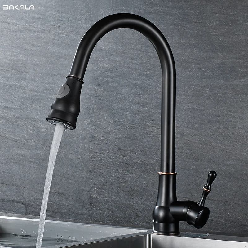 BAKALA Single-hole kitchen faucet with pull-out spout sink mixer with flow spray head Chrome/black finish for kitchen