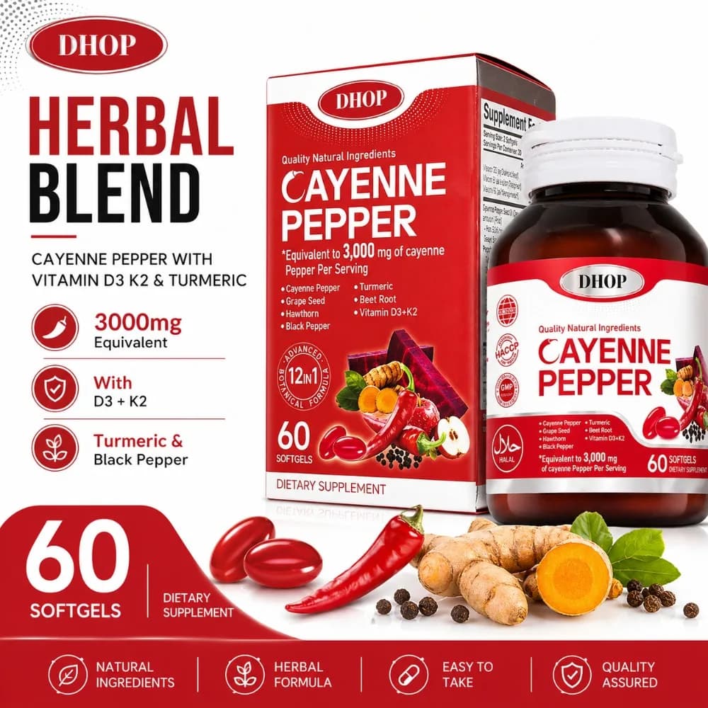 DHOP Cayenne Pepper Herbal Blend Softgels con Vitamina D3 K2 Curcuma e Pepe Nero, 60 Softgel Integratore Alimentare Quotidiano