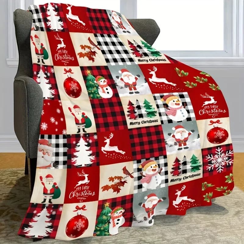 Accogliente coperta natalizia in flanella, peluche ultra calda e decorativa con elementi festivi come renne di Babbo Natale e pupazzi di neve