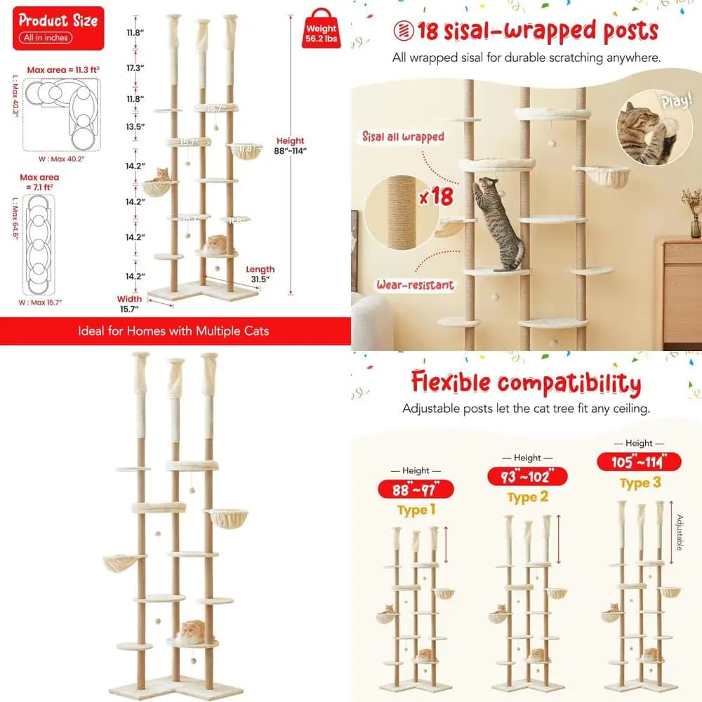 Albero per Gatti a 6 Livelli Regolabile in Altezza con 18 Pali in Sisal, 6 Piattaforme, 2 Amache, Beige