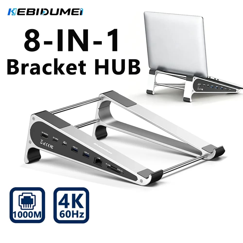 BEBIDUMEI 8-in-1 Laptop Docking Station Bracket USB3.0 4K60Hz Gigabit Ethernet PD 100W SD TF Car Stand Computer Accessories