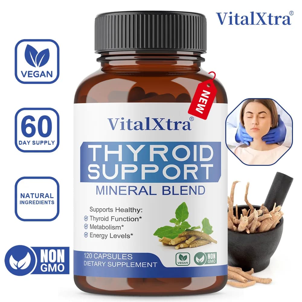 Thyroid support supplement, Ashwagandha root extract, iodine, selenium, zinc and vitamin B12 to increase energy and mental clarity