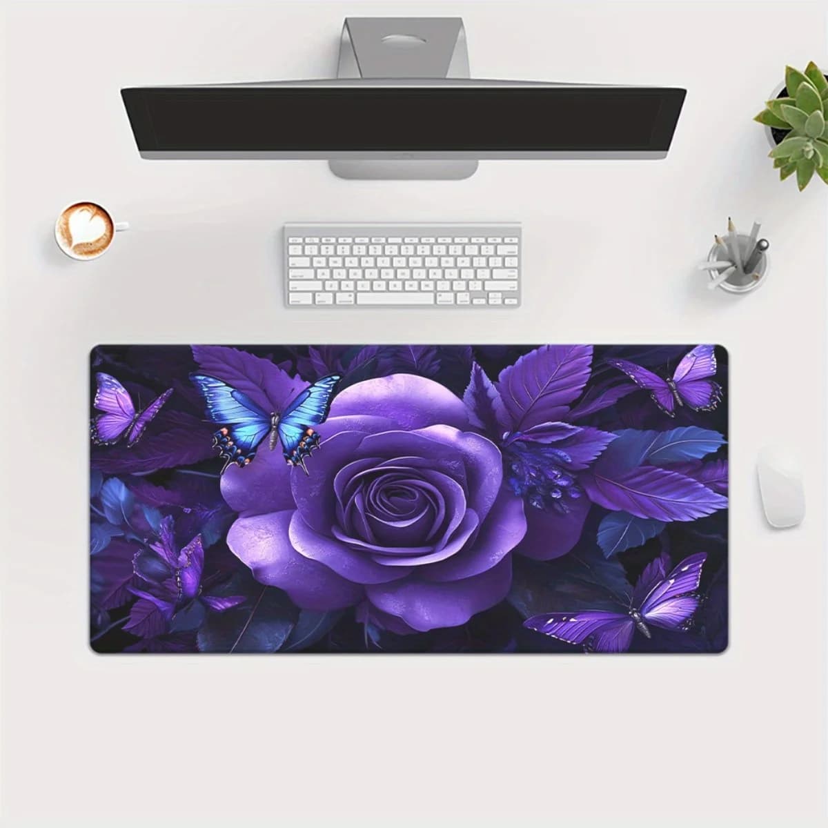 Tappetino da Scrivania Esteso con Motivo Farfalla e Rosa Viola, Tappetino per Mouse Antiscivolo in Gomma per Gaming, Ufficio e PC