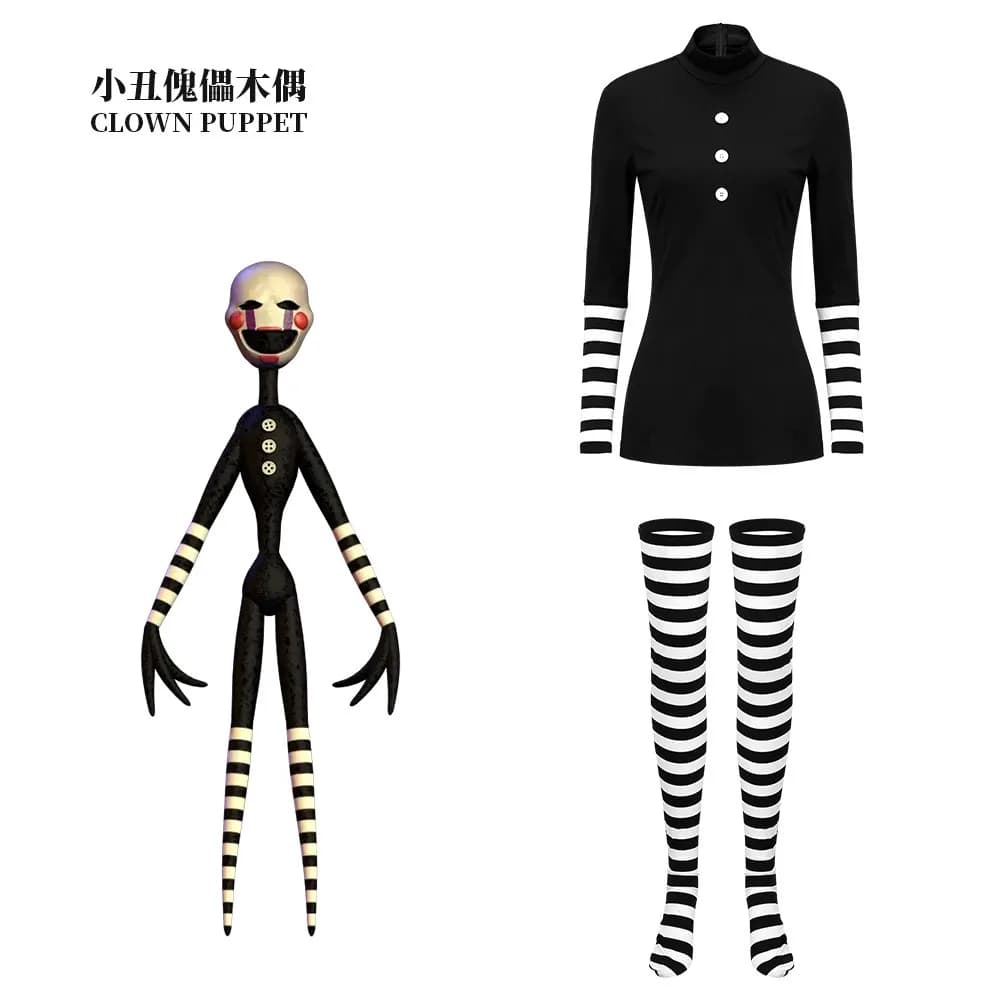 Costume da Clown Marionette di Five Nights At Freddy's 2, Set per Cosplay, Abito per Adulti, Outfit per Halloween, Carnevale e Spettacoli