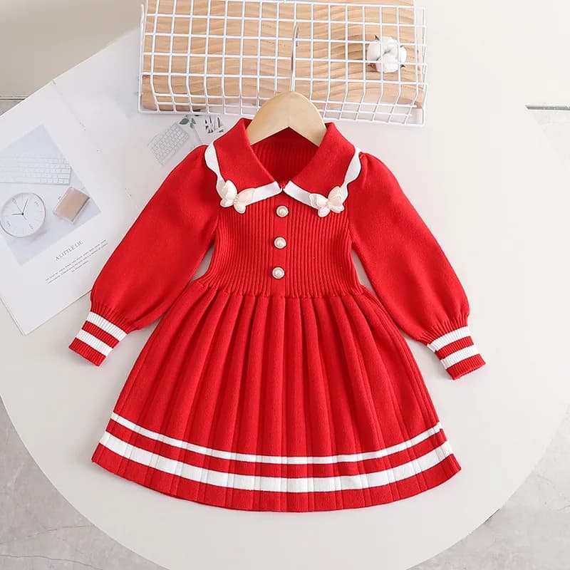 Girls' Candy Color Winter Dress - Floral Fur Trim & Reverse Collar Design, Baby Toddler Holiday Party Gown