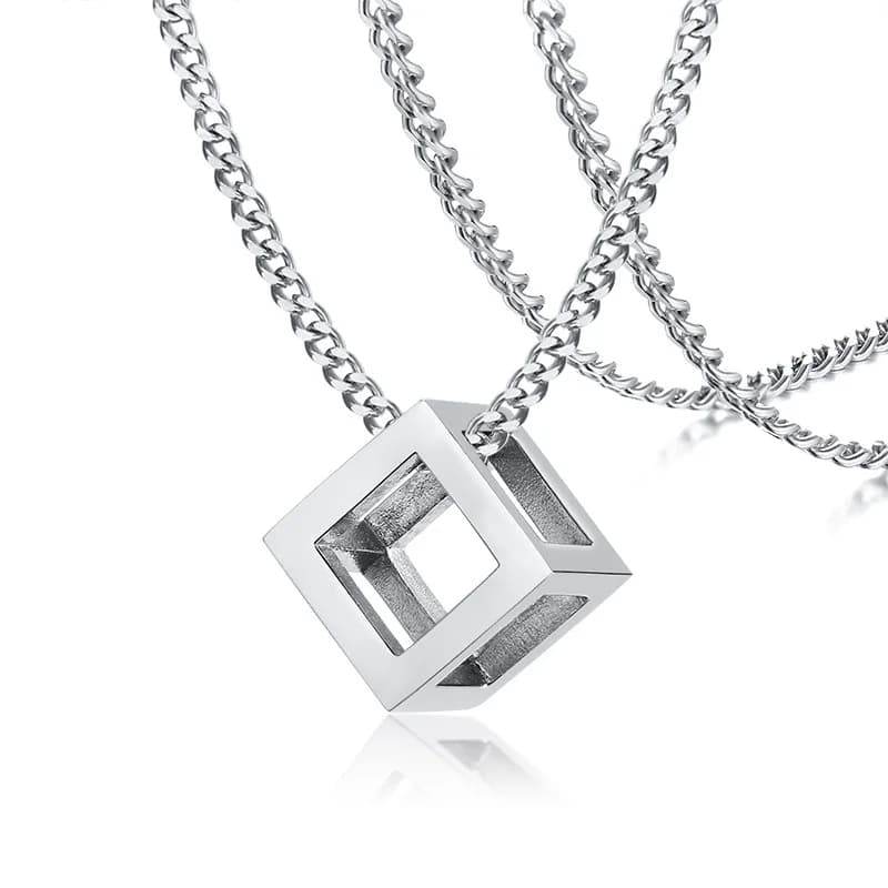 3D Square Pendant Necklaces for Men Boys,Hollow Geometry Stainless Steel Pendant Collars,Trendy Male Jewelry Gifts