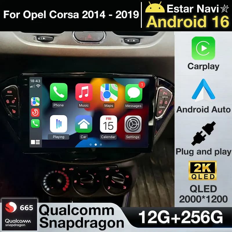 Autoradio Android 16 con Carplay Wireless per Opel Corsa 2014-2019, Telecamera 360°, Lettore Audio Video, Stereo BT 2din con GPS