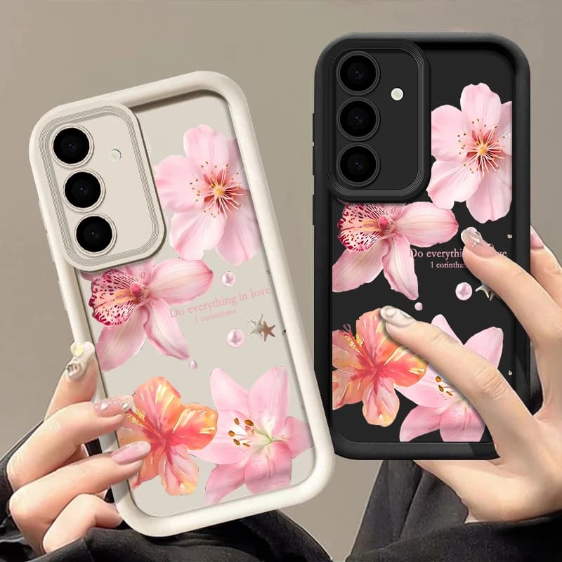 Phone Case with Pink Flowers for Samsung Galaxy A17 A56 A16 A36 A26 A15 A55 A54 5G S24 FE S25 Edge S24 S23 S22 Ultra Plus Soft Cover