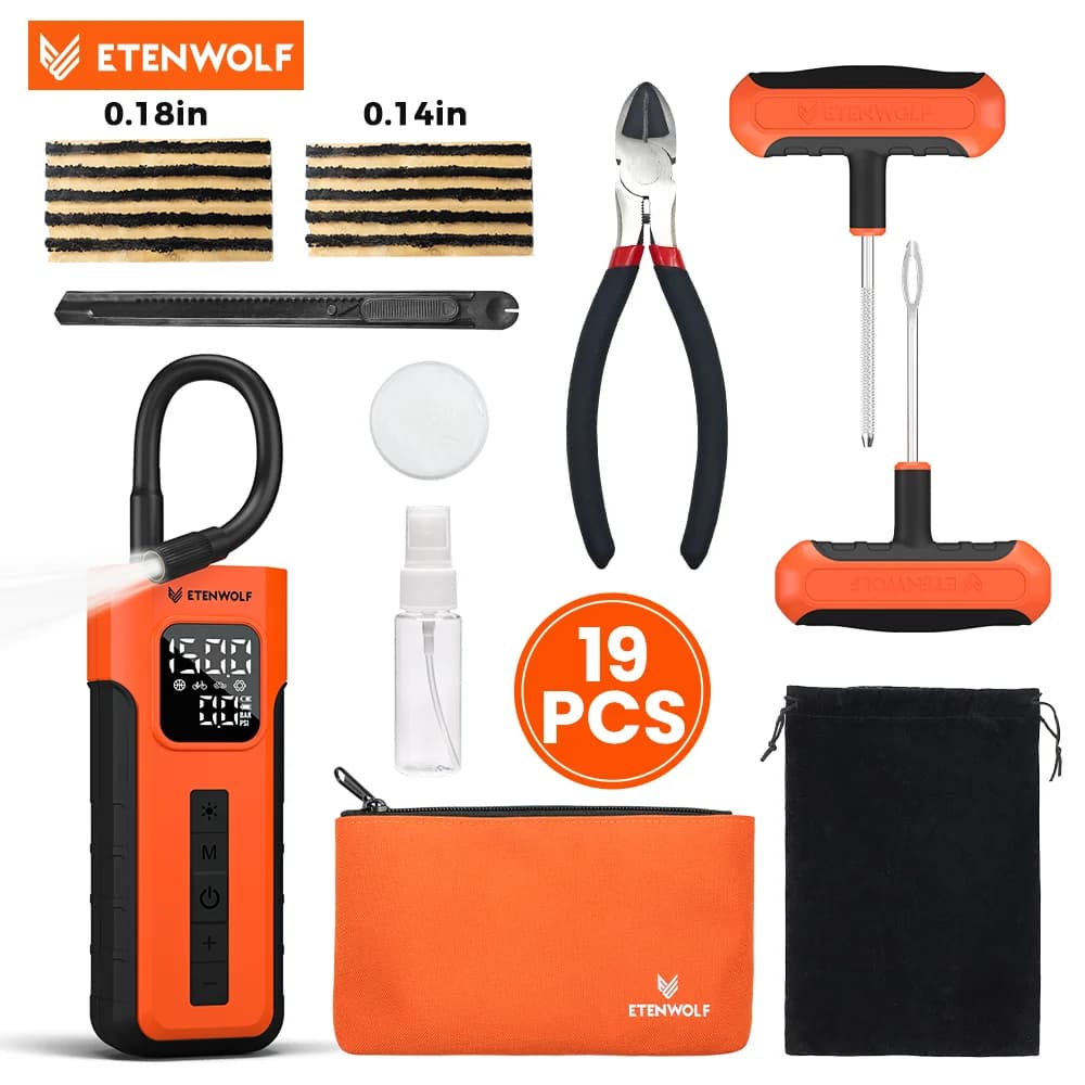 Nuovo kit combinato di gonfiaggio pneumatici e riparazione pneumatici ETENWOLF C2, kit tappo pneumatici piatto istantaneo per auto camion emergenza senza fili