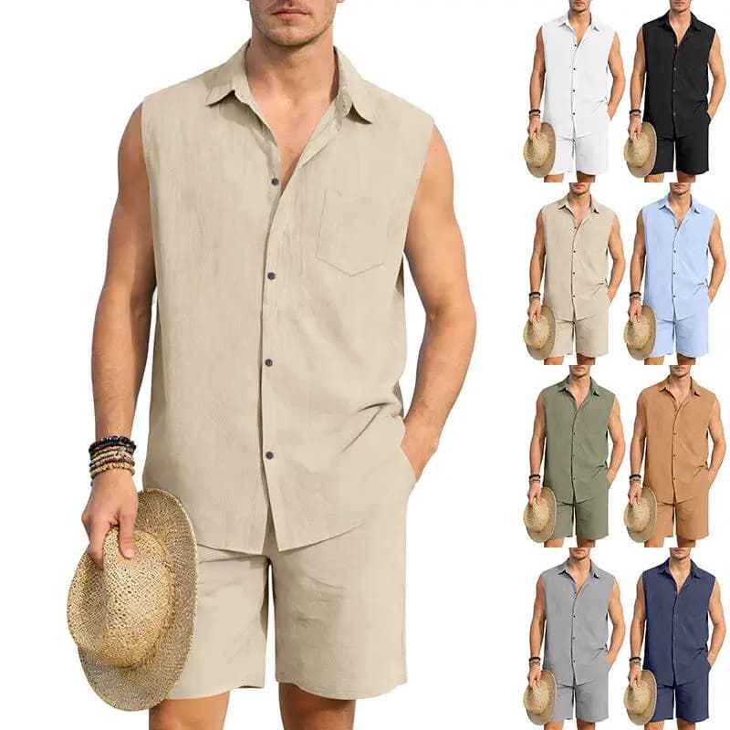 Set di camicia e pantaloncini estivi da uomo in lino con stampa hawaiana, senza maniche, con colletto rovesciato, abbigliamento da spiaggia alla moda per giovani, completo in due pezzi