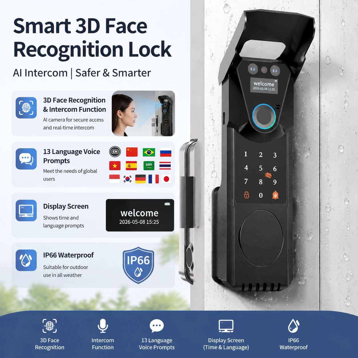 3D Face Recognition Smart Gate Lock Tuya WiFi Video Intercom IP66 Waterproof Fingerprint Keypad Lock for Outdoor Iron Entrance