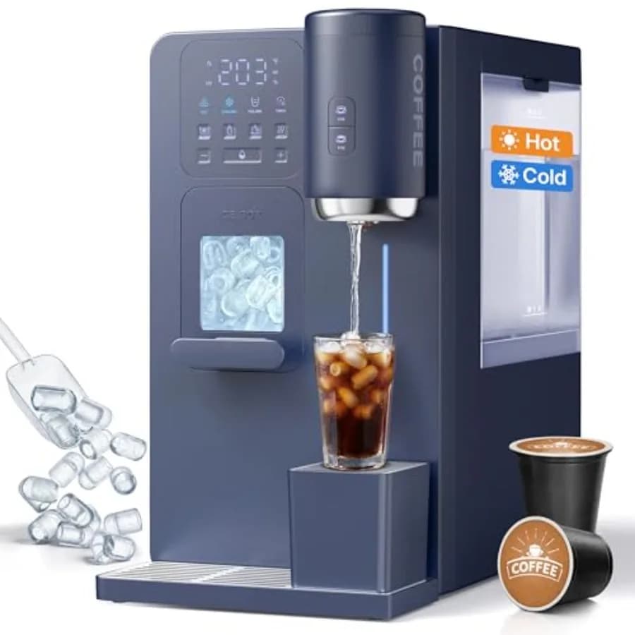 Dispenser d'Acqua 3-in-1 con Macchina del Ghiaccio e Caffettiera Compatta, in Acciaio Inox, Nero, Acqua Calda/Fredda/Temperata, Volume Regolabile