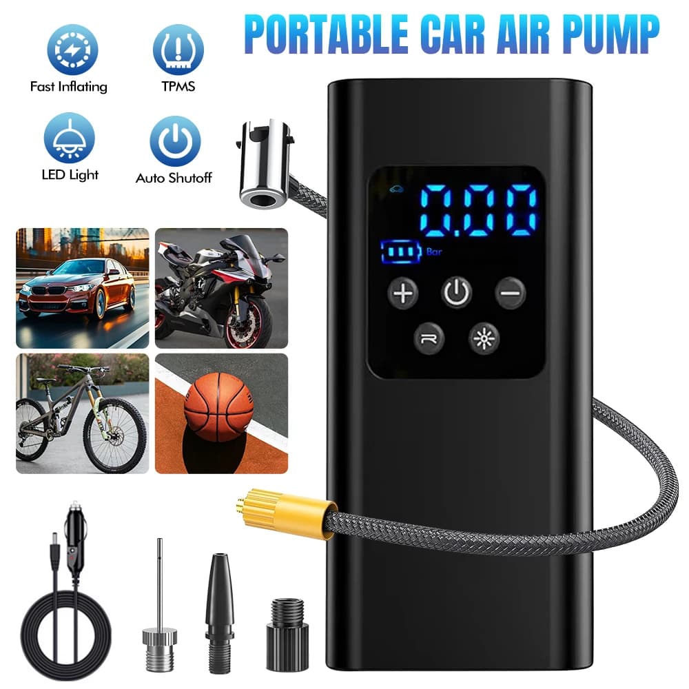 Portable Car Tire Inflator Digital Display Auto Air Compressor Fast Inflation Rechargeable Tire Pump for Car Motorcycle Bicycle Basketball Ball with LED Light