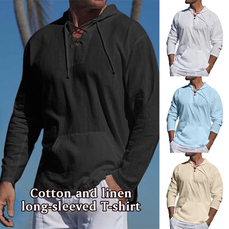 T-shirt estiva da uomo con cappuccio Camicie a maniche lunghe tinta unita primaverile maschile Camicia in cotone e lino Top sportivi da palestra traspiranti casual