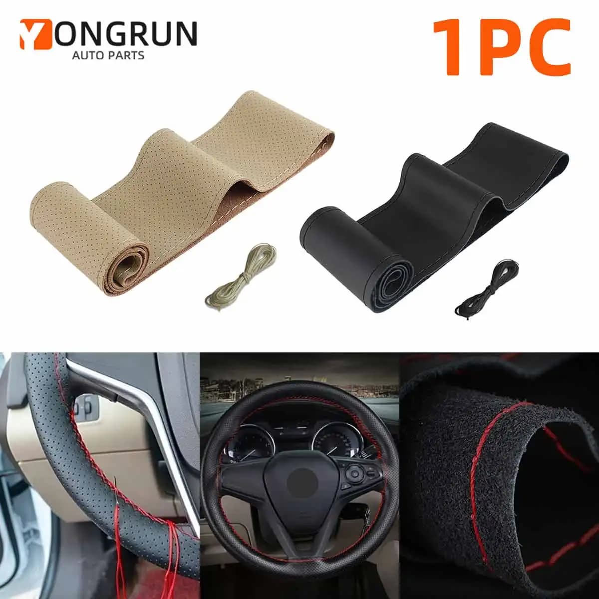 YONGRUN 1PC Coprivolante per auto Cuciture fai da te Coprivolante Antiscivolo Manico traspirante Coprivolante in pelle Accessori per auto