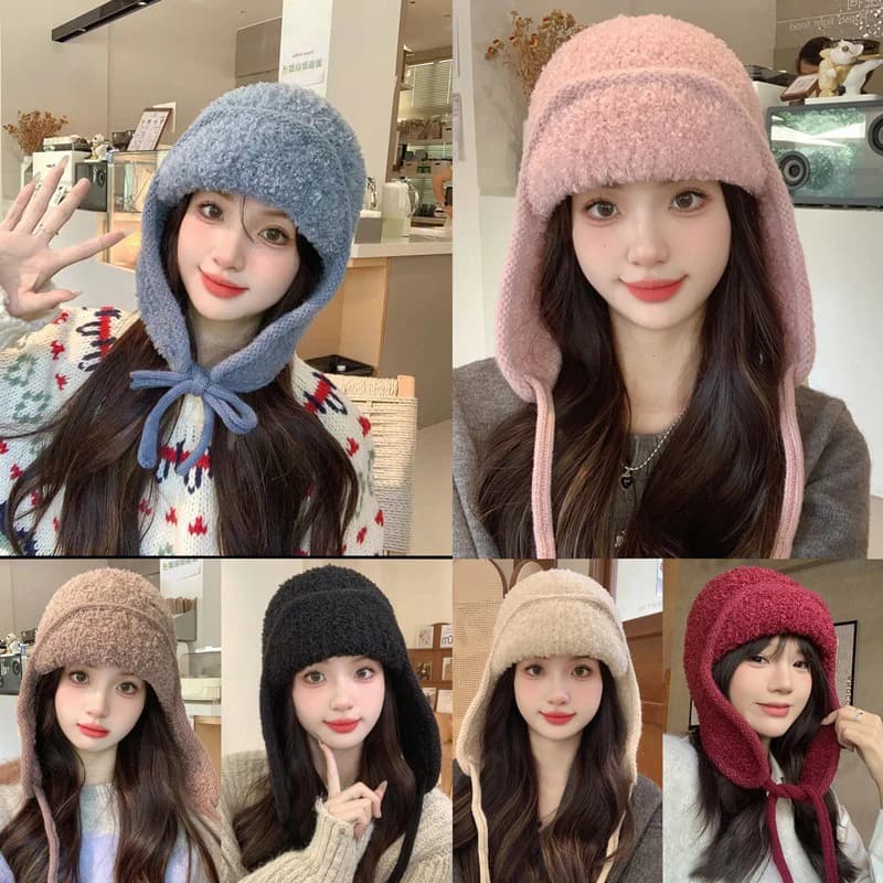 Women's Autumn-Winter Warm Fleece Caps, Knitted Woolen Hats with Ear Protection, Made for Big Head Sizes