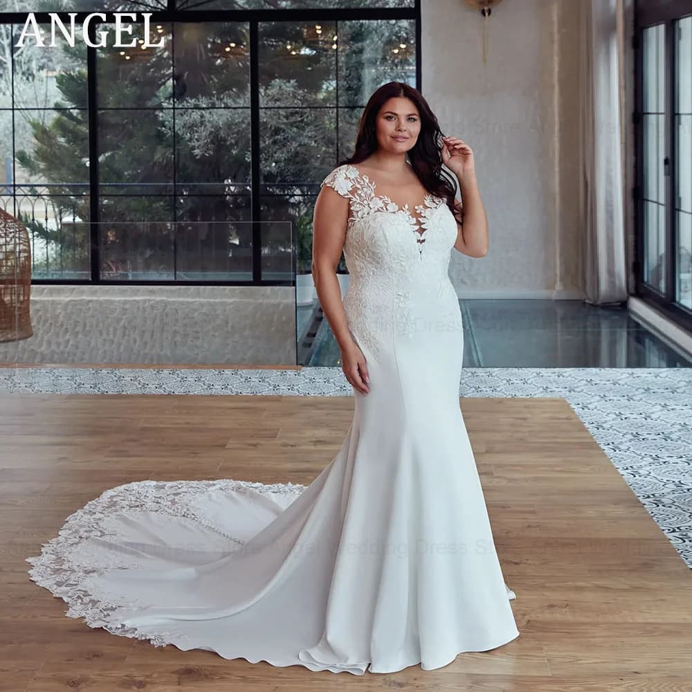 ANGEL Abiti da sposa taglie forti di lusso personalizzati 2025 Sirena O-Collo Illusion Applique in pizzo Abiti da sposa lunghi Vestido de Novia