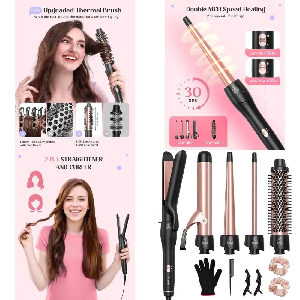 Set Ferro Arricciacapelli 5-in-1 with Thermal Brush, 4 Ceramic Cylinders, Straight Plate, Quick Heating, Double Voltage