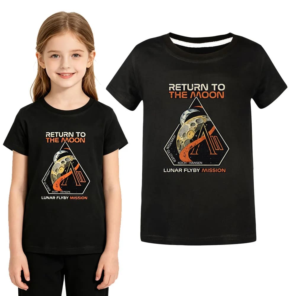 Kids Return To The Moon T-Shirt Lunar Flyby Mission Print Summer Short Sleeve Tee Boys Girls Casual Cotton Tops for 3-14Y