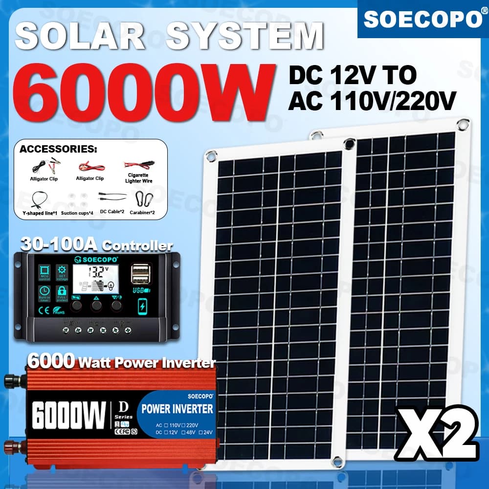 SOECOPO 6000W Pannelli Solari Kit Casa Completo USB 5V/1.5A Off Grid Sistema Solare Casa DC 12V - AC 110V/220V Inverter da Campeggio