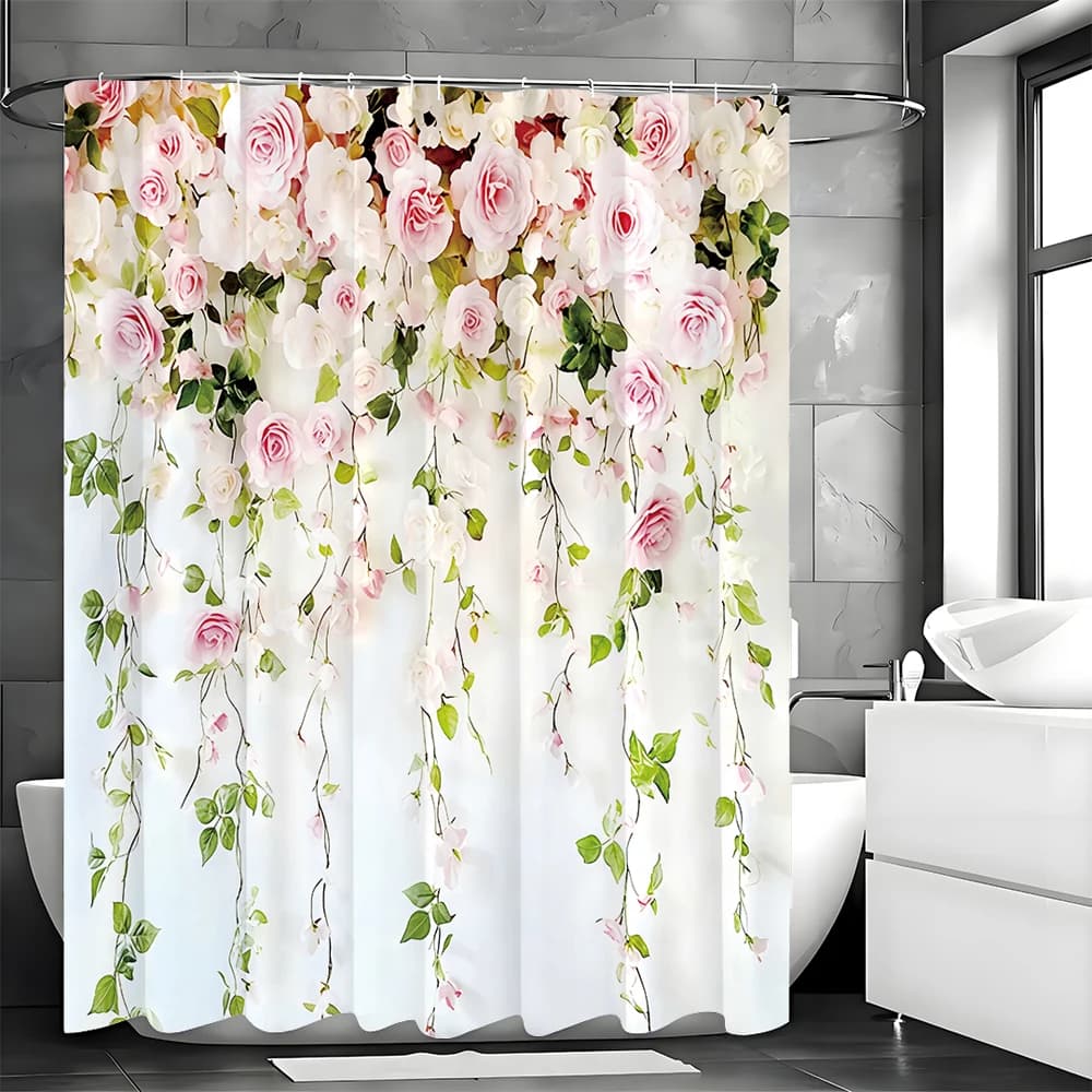 Tenda da doccia con fiori di rosa primaverili, tenda da doccia decorativa per il bagno, tenda da doccia impermeabile con ganci