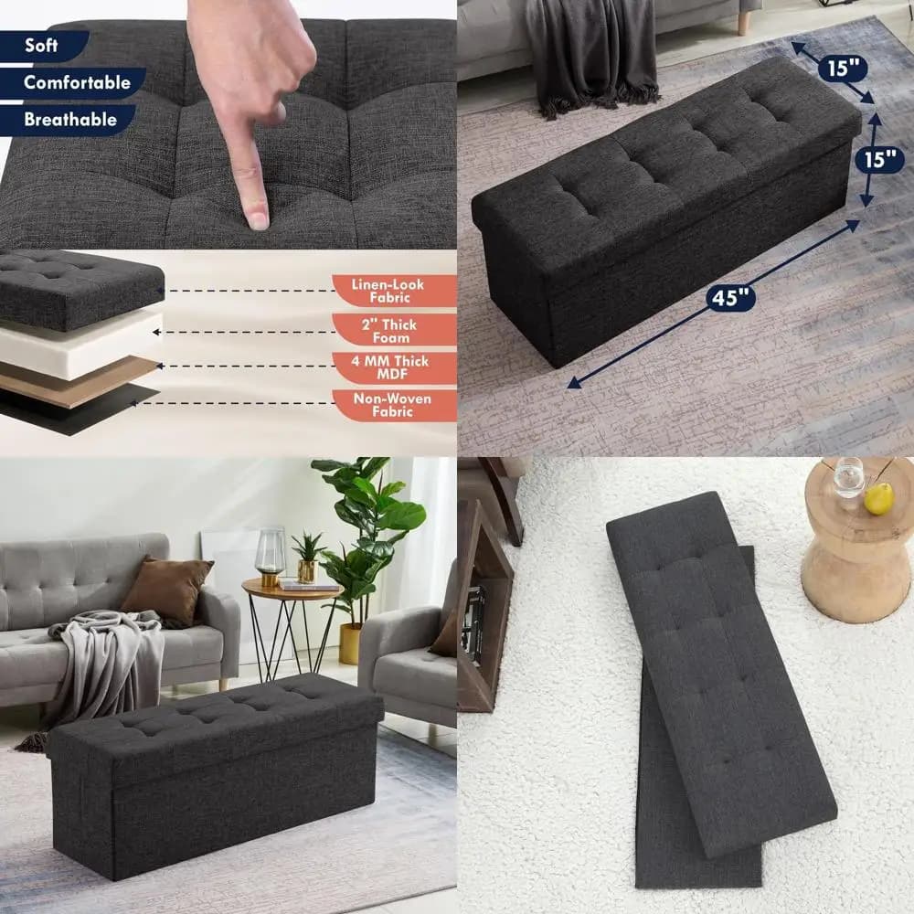 Grande Pouf Contenitore Pieghevole in Lino Trapuntato, 15x45x15 cm, Poggiapiedi/Seduta Nero