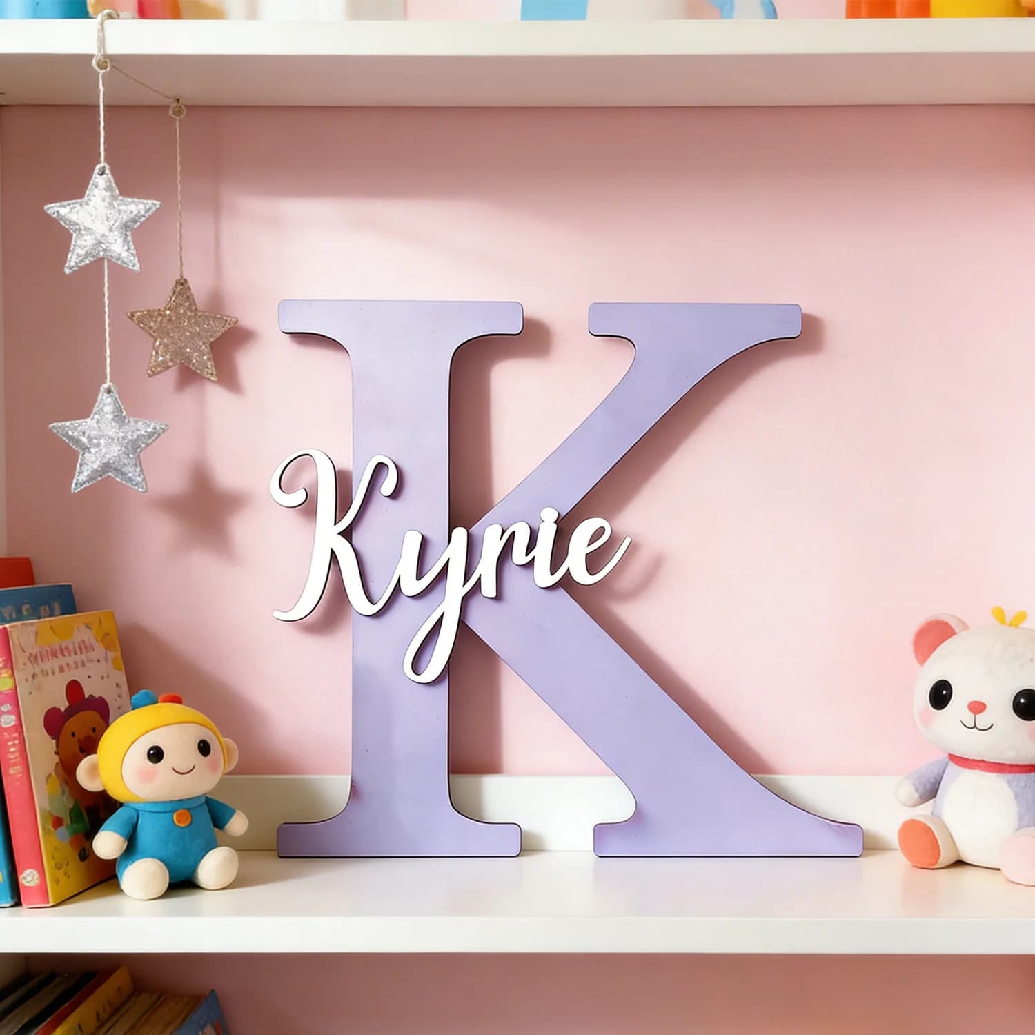 1pc Custom Two Layer Light Purple Initial Letter Wooden Name Sign Personalized Script Text Wall Tabletop Bedroom Decor Plaque
