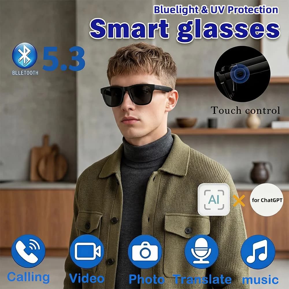 Occhiali Smart con Controllo Remoto AI, Fotocamera 8K HD, Registrazione, Traduttore, Assistente Vocale, Musica, Bluetooth, Protezione UV400