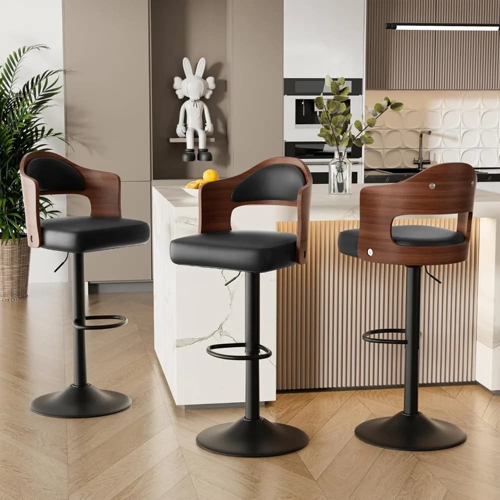Set di 3 Sgabelli da Bar Girevoli, Sgabelli in Legno Rivestiti in Pelle PU con Schienale e Poggiapiedi, Altezza Regolabile, Personalizzabili