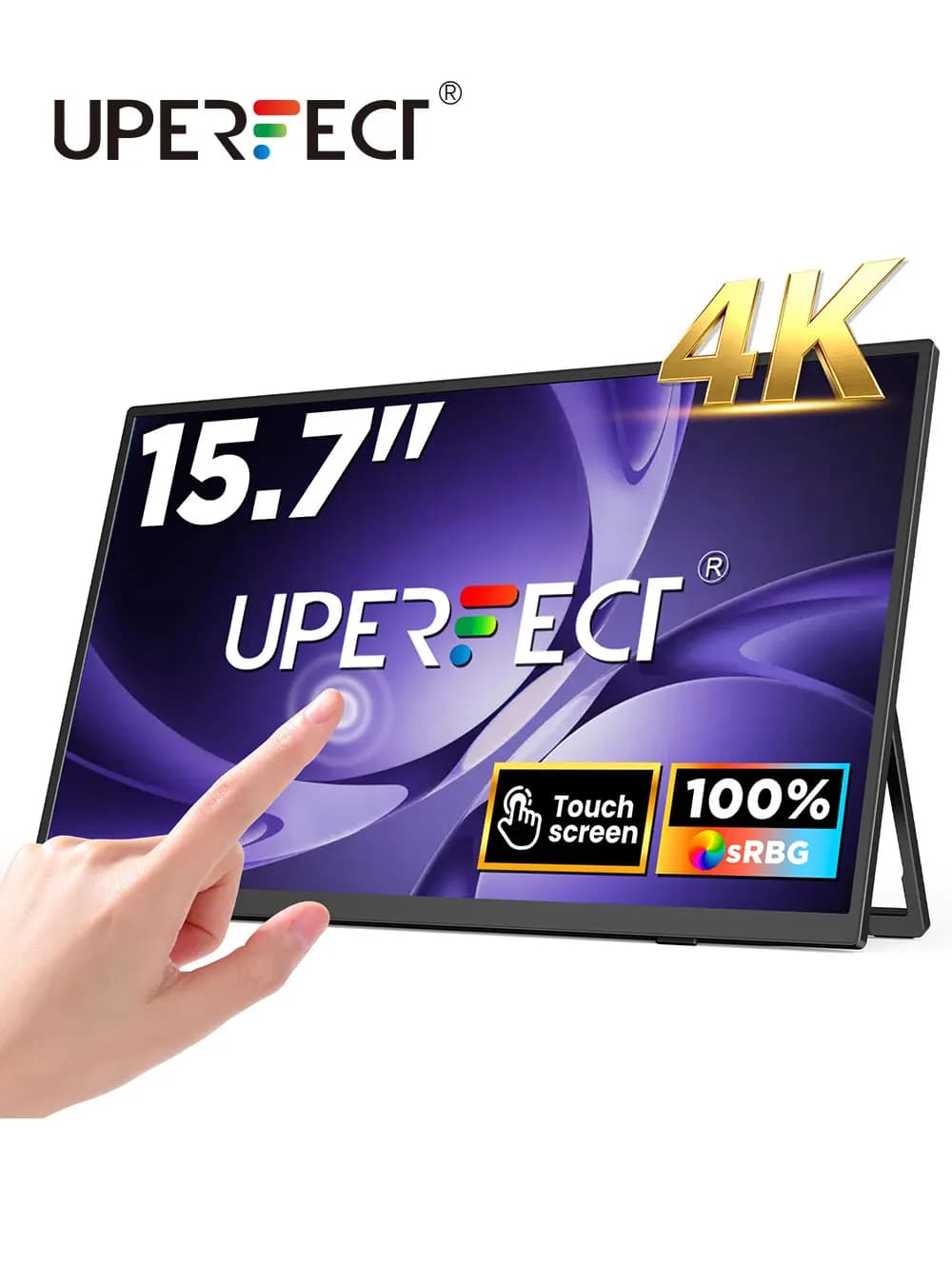Monitor portatile UPERFECT 4K UHD da 15,6 pollici con touchscreen e supporto LS VESA Touch Ultra-Wide senza cornice per laptop, Mac, PC, gaming, display IPS