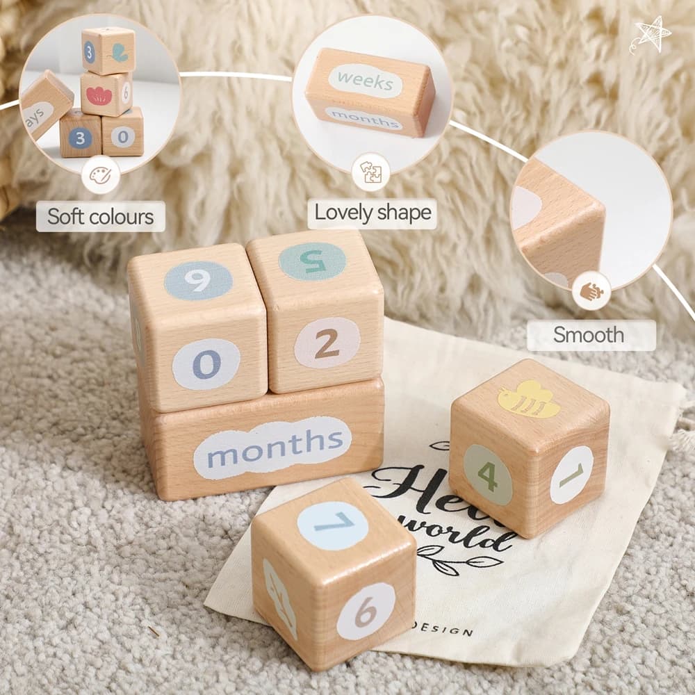 1 Set Calendario in legno impilabile Pietre miliari Blocchi di costruzione in legno per bambini Puntelli per fotografia di crescita neonato Decorazioni per la scuola materna Regalo per bambini