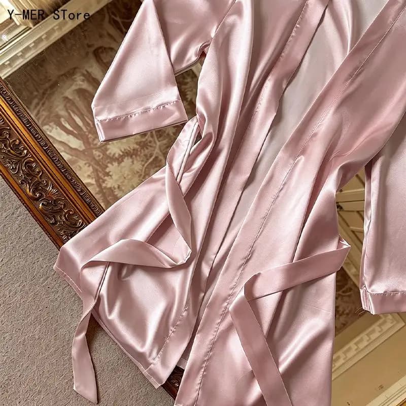 Spring Autumn New Women Luxury Satin Robe, Thin Ice Silk Bathrobe with Tie Belt, Open Front Loungewear Nightgown Cover Up