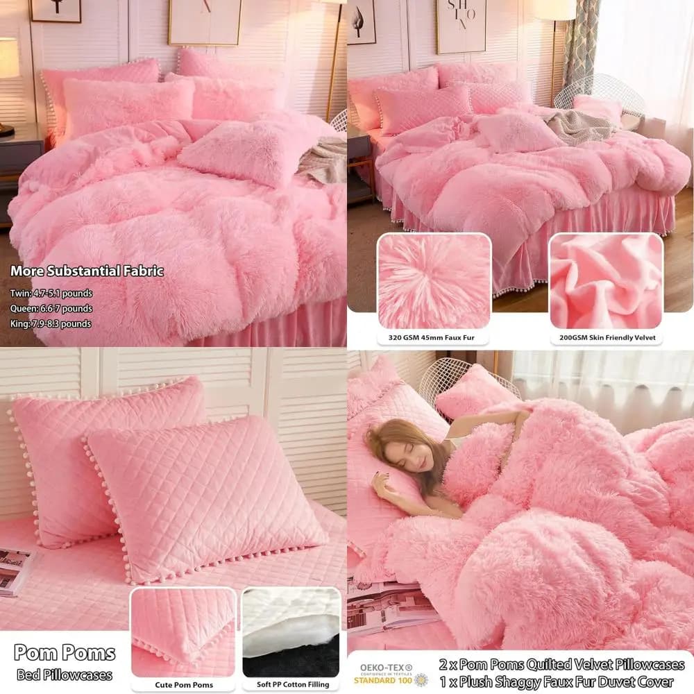 Set Copripiumino in Velluto Peloso con Federe con Pompon, Biancheria da Letto Rosa Tinta Unita, Chiusura a Cerniera, Misura Full/Queen