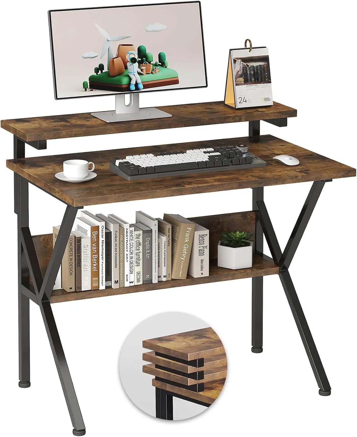 Small desk, 27.5 inch computer desk for small spaces, computer desk with adjustable monitor support, compact desk with storage space