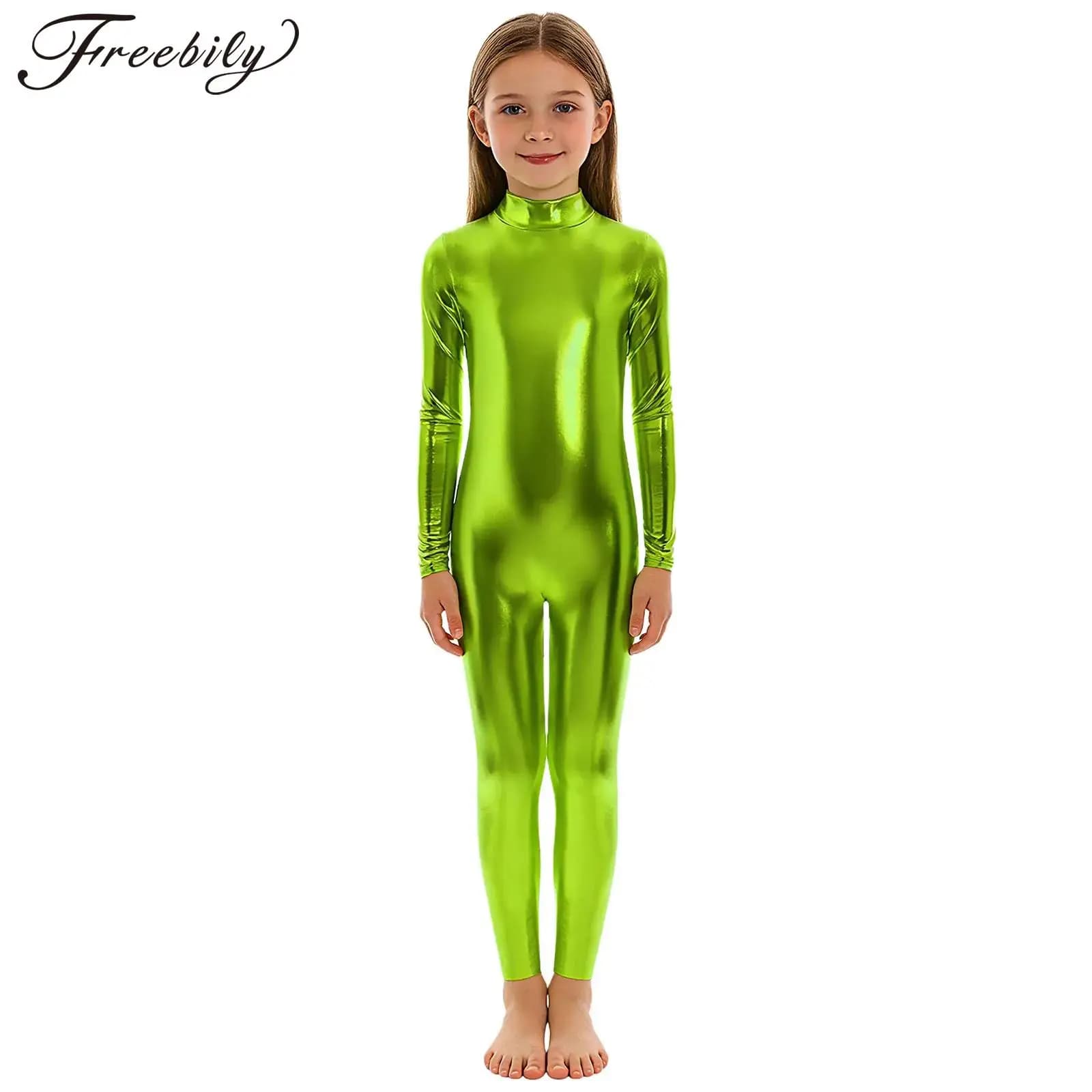 Girls Metallic Figure Skating Jumpsuit Gymnastics Dance Leotard Rave Outfits Full Body Bodysuit Dancewear Festival Costumes