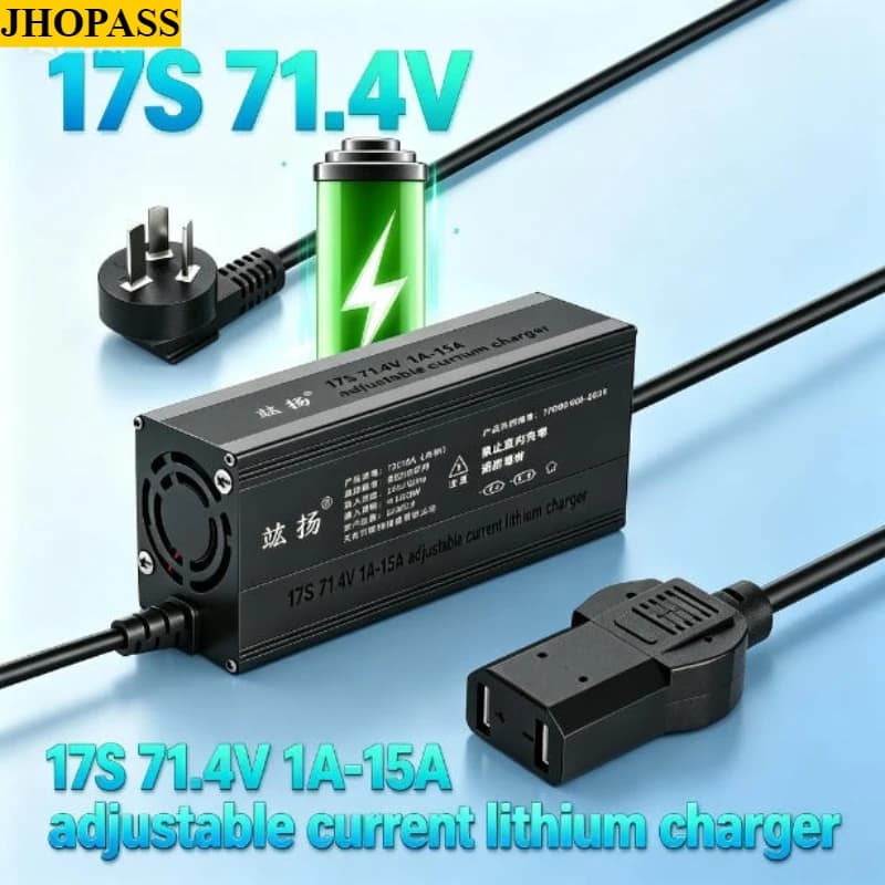 Caricabatterie Intelligente LCD 17S per Li-ion e LiFePO4, Corrente Regolabile da 71.4V 1A a 15A, 220V, per Carrelli Elevatori e Lavasciuga Pavimenti, Spina UK EU AU