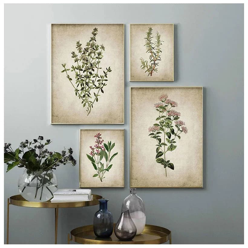 (No frame)1pcsVintage Herb Art Canvas Poster And Prints , Oregano Rosemary Sage Thyme Canvas Painting Retro Wall Pictures Hom