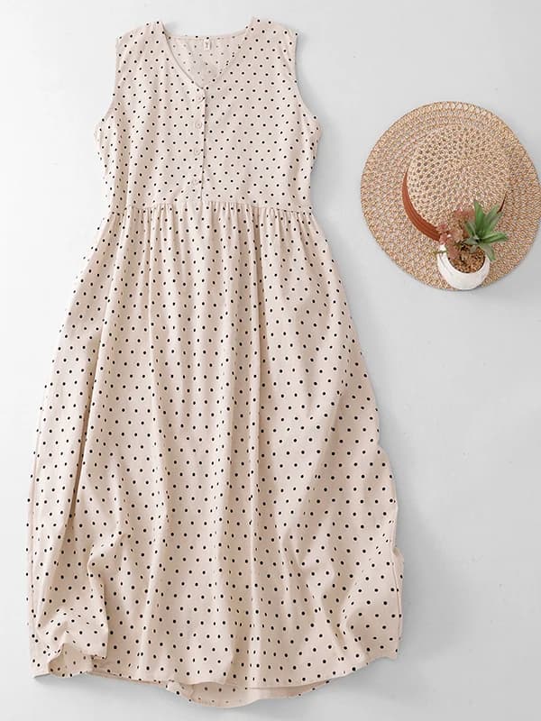 French Style V-Neck Polka Dot Linen Dress Women Summer New Loose Belted Age-Defying Sleeveless Vest Skirt Breathable Comfortable