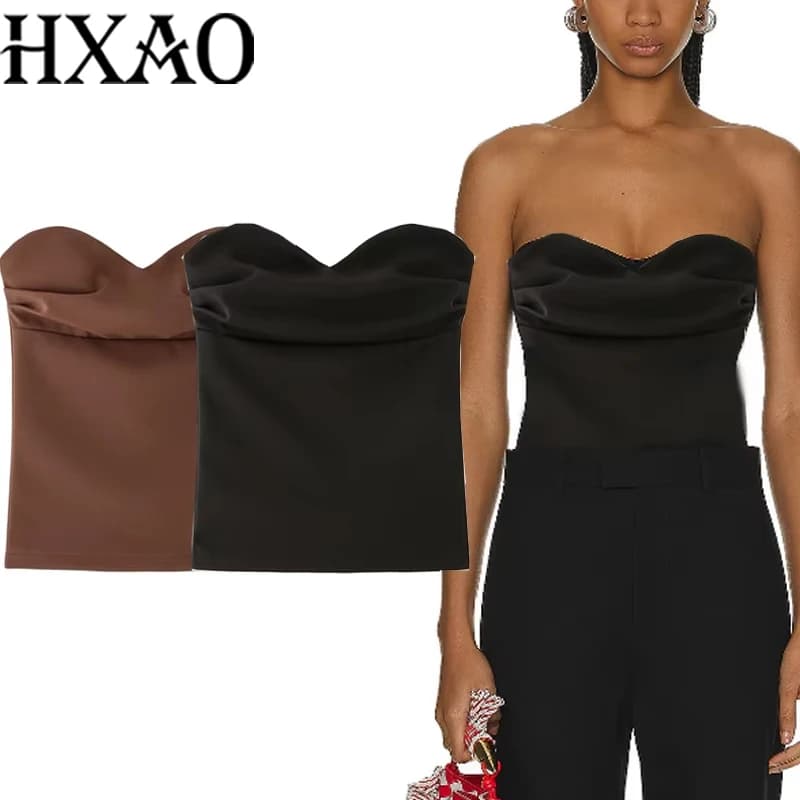 HXAO Women's Corset Crop Top Woman Summer Strapless Black Tube Top Ruched Backelss Sexy Solid Tops Off Shoulder Bustier 088